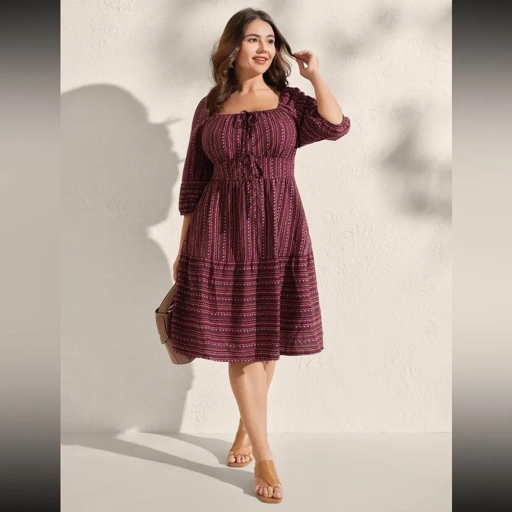 BloomChic Fall Stripes Cinched-Waist Tie Midi Dress – Size 1X - NWT - Picture 3 of 7